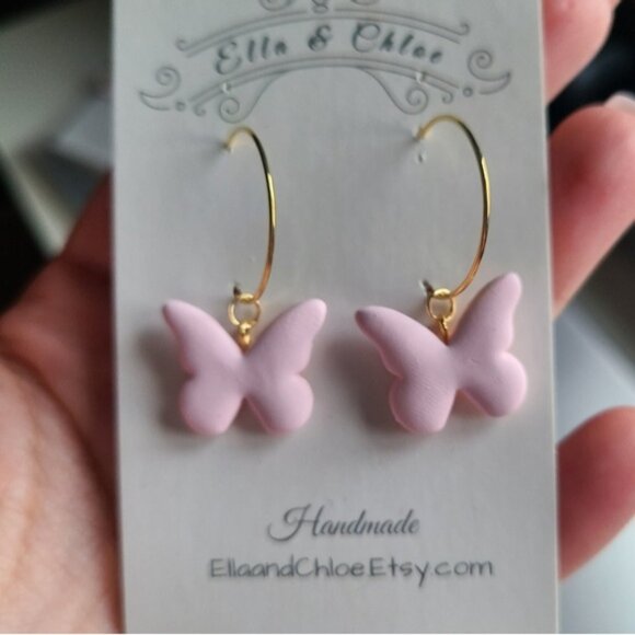 Cute 18K Gold Plated Matte Pink Clay Butterfly Dangle Hoop Earrings Fairycore - Picture 4 of 8